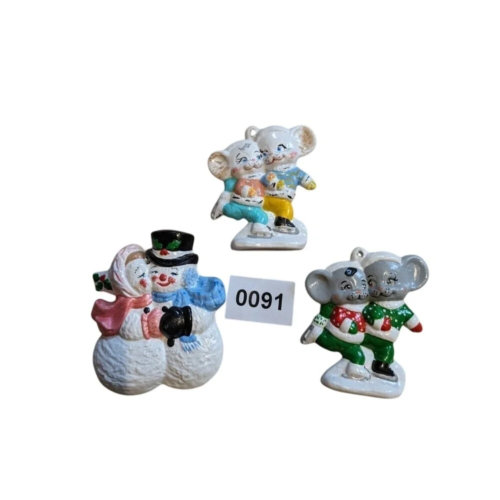 Christmas Ceramic Ornaments Mice‎ Snowman Snowlady lot of three 091